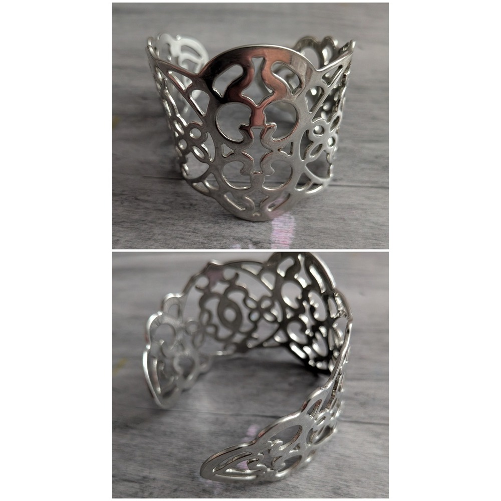 Silver Tone Filigree Openwork Cuff Bracelet Wide Scalloped Cutout Statement